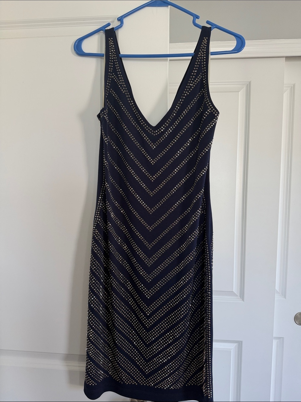 Cache Navy V-Neck Sleeveless Studded Midi Dress